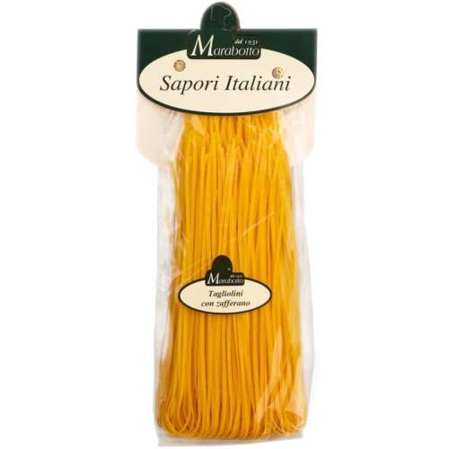 Paquet de 250 g de Tagliolini au safran. Pâtes artisanales produites par la maison familiale Marabotto au Piémont.