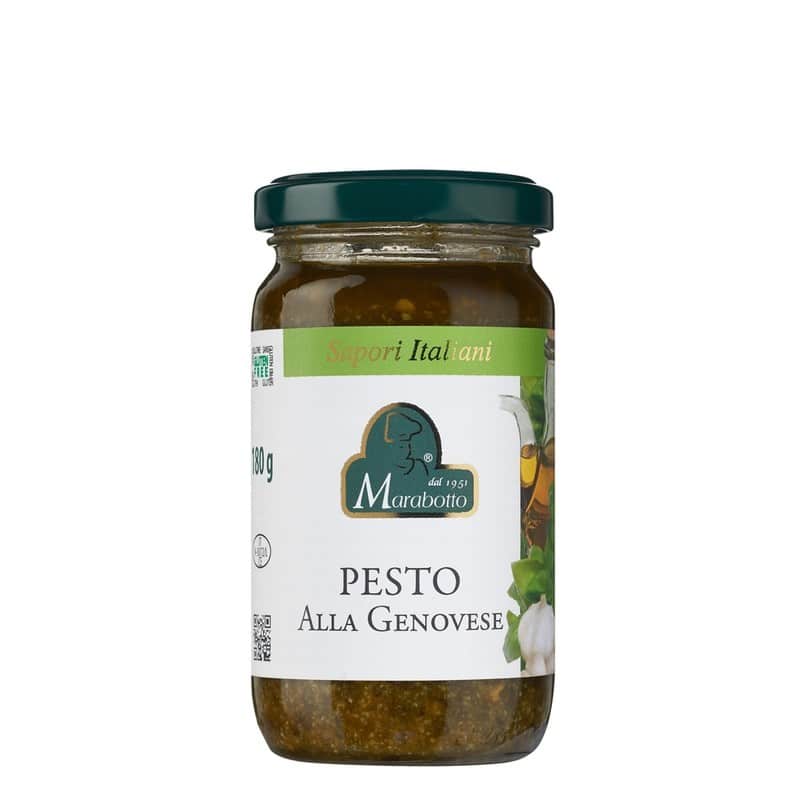 Pot de 180 g de pesto genovese. Produit au Piémont par la maison familiale Marabotto. Produit sans gluten.