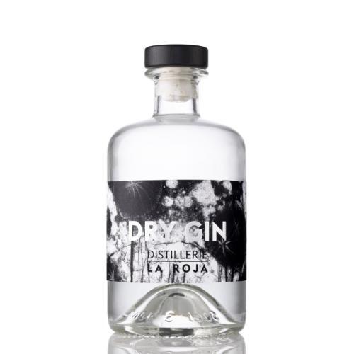 Bouteille de 50 cl de London Dry Gin, élaboré artisanalement à partir de blé biologique par la Distillerie La Roja au canton de Vaud.