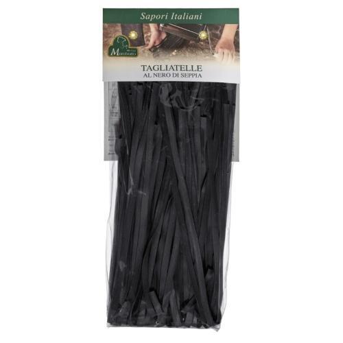 Paquet de 250 g de tagliatelles à l'encre de seiche élaborées au Piémont par la maison familiale Marabotto.