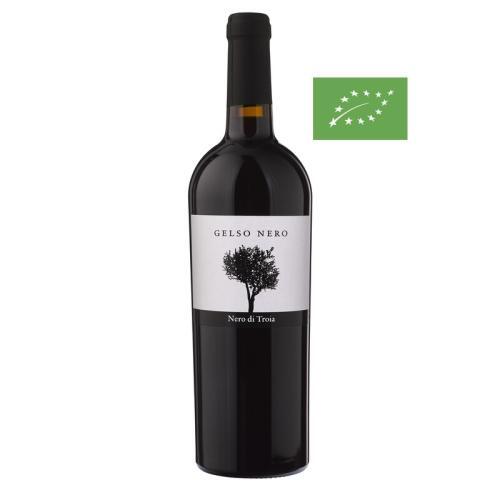 Bouteille de 75 cl de Gelso Nero 2020. Cépage Nero di Troia des Pouilles. Vin bio fruité idéal avec cuisine italienne.