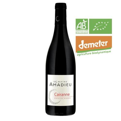 Bouteille de 75 cl de Cairanne Vieilles Vignes 2022 du Domaine des Amadieu. Ce vin est bio.